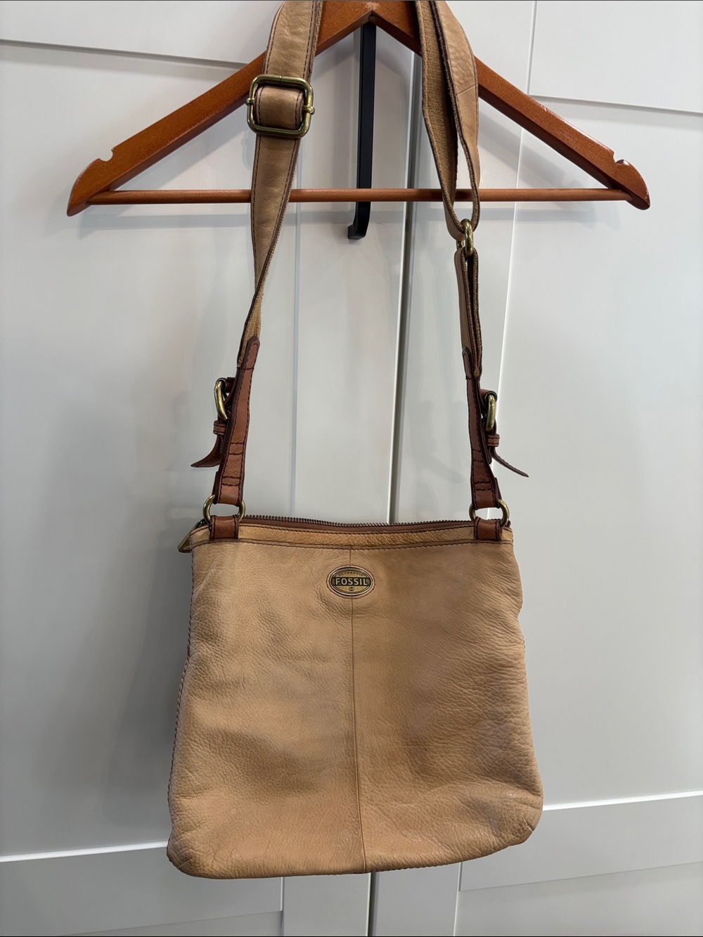 Fossil Tan and Brown Leather Crossbody Bag